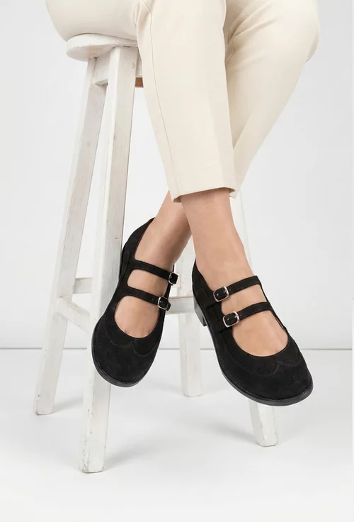 Pantofi dama negri din piele intoarsa cu barete