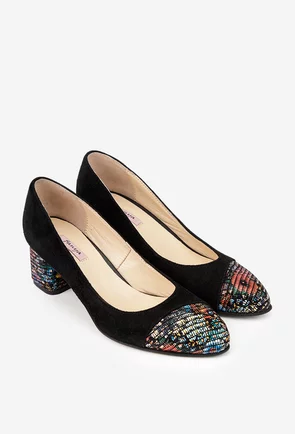 Pantofi dama negri din piele intoarsa cu detalii colorate