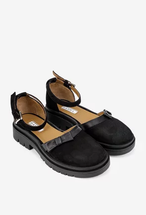 Pantofi dama negri din piele intoarsa cu funda