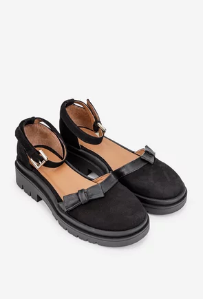 Pantofi dama negri din piele intoarsa cu funda