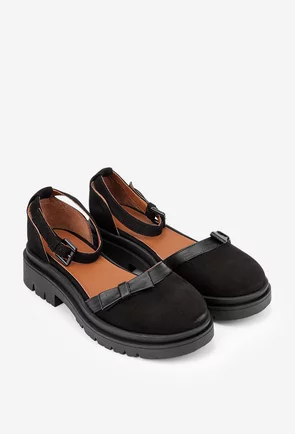 Pantofi dama negri din piele intoarsa cu funda