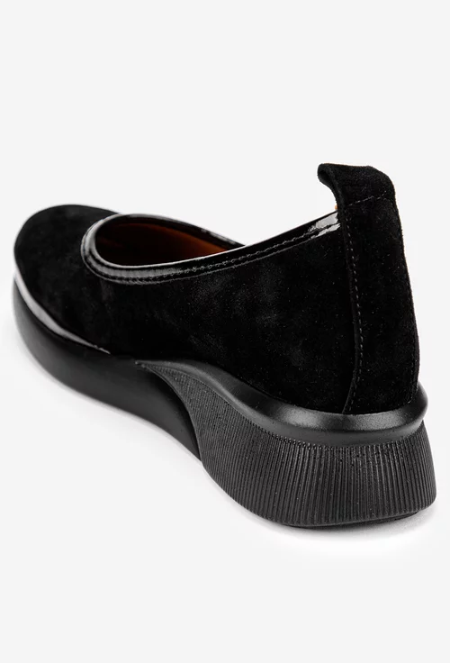 Pantofi dama negri din piele intoarsa cu inserție de piele lacuita