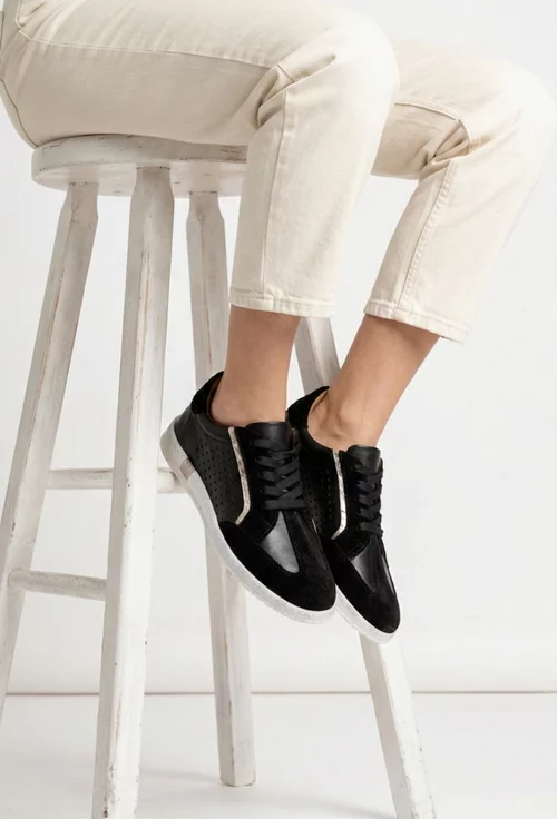 Pantofi dama negri din piele intoarsa cu insertii de piele box