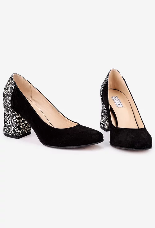 Pantofi dama negri din piele intoarsa cu model deosebit
