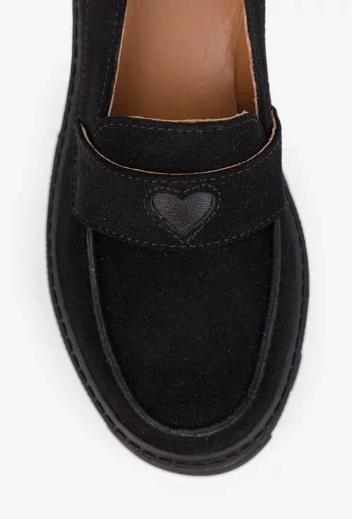 Pantofi dama negri din piele intoarsa cu ornament