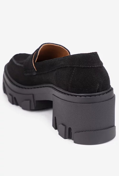 Pantofi dama negri din piele intoarsa cu ornament