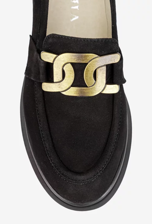 Pantofi dama negri din piele intoarsa cu ornament