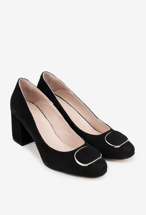 Pantofi dama negri din piele intoarsa cu ornament