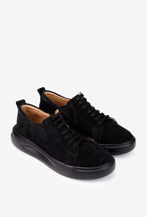 Pantofi dama negri din piele intoarsa cu siret