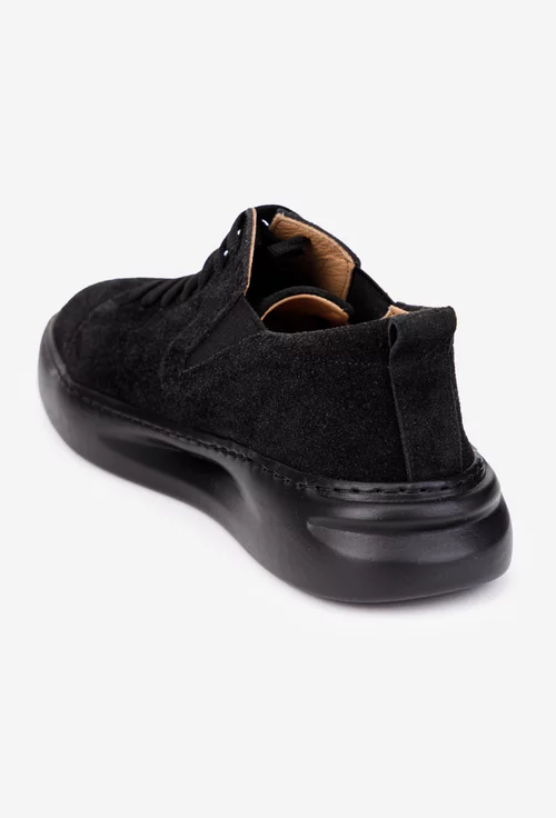 Pantofi dama negri din piele intoarsa cu siret