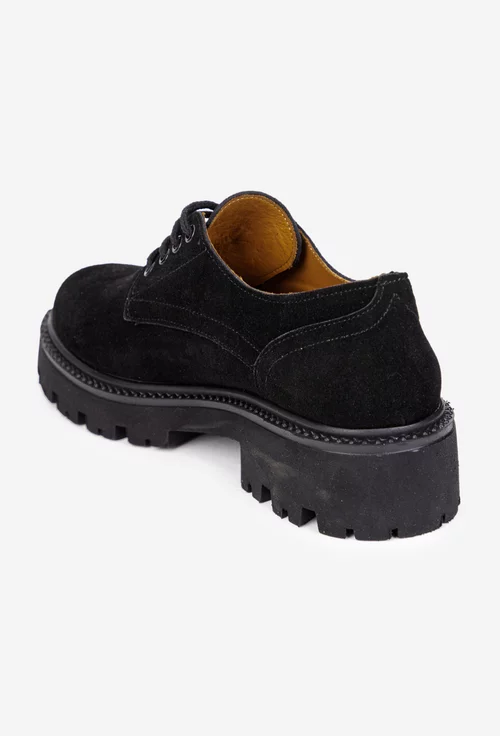 Pantofi dama negri din piele intoarsa cu siret
