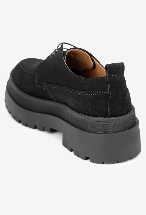 Pantofi dama negri din piele intoarsa cu siret