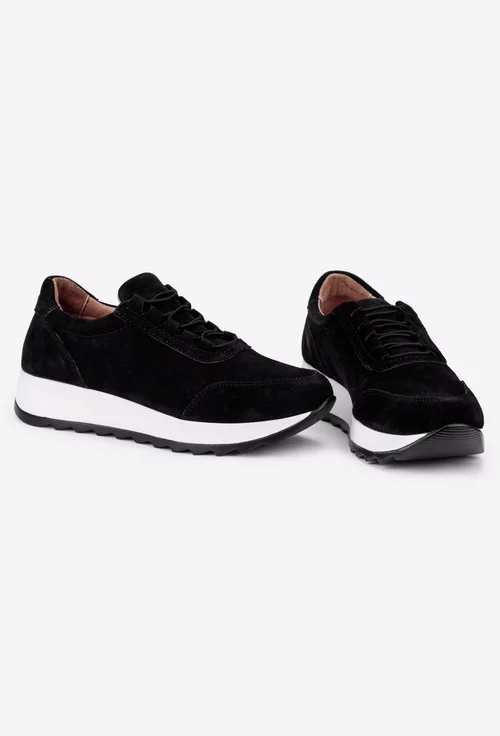 Pantofi dama negri din piele intoarsa cu siret elastic