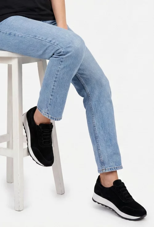 Pantofi dama negri din piele intoarsa cu siret elastic