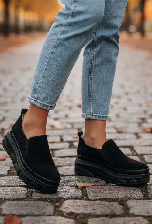 Pantofi dama negri din piele intoarsa cu talpa inalta