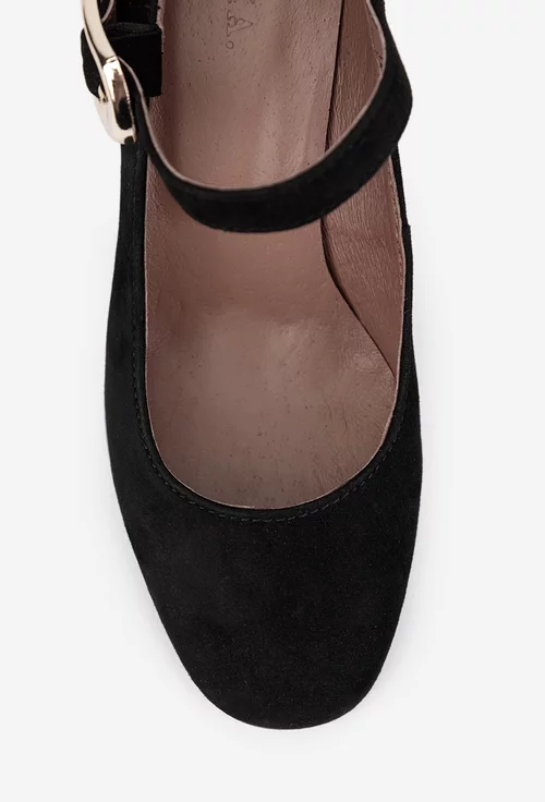 Pantofi dama negri din piele intoarsa cu toc