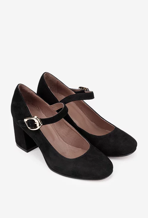 Pantofi dama negri din piele intoarsa cu toc