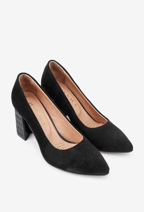 Pantofi dama negri din piele intoarsa cu toc deosebit