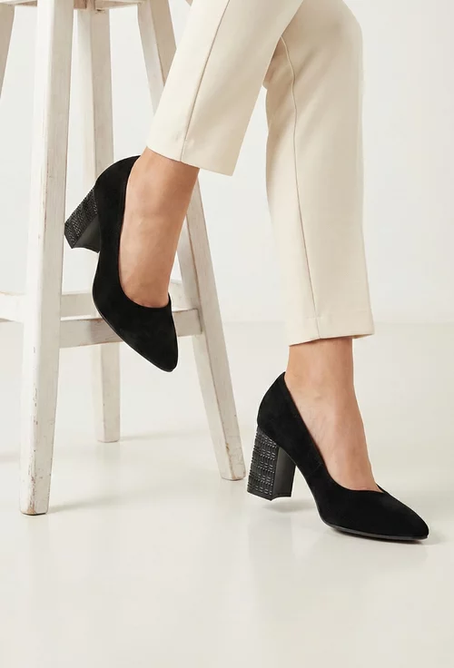 Pantofi dama negri din piele intoarsa cu toc deosebit