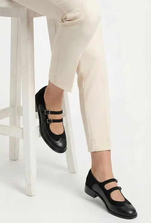 Pantofi dama negri din piele intoarsa si box cu barete