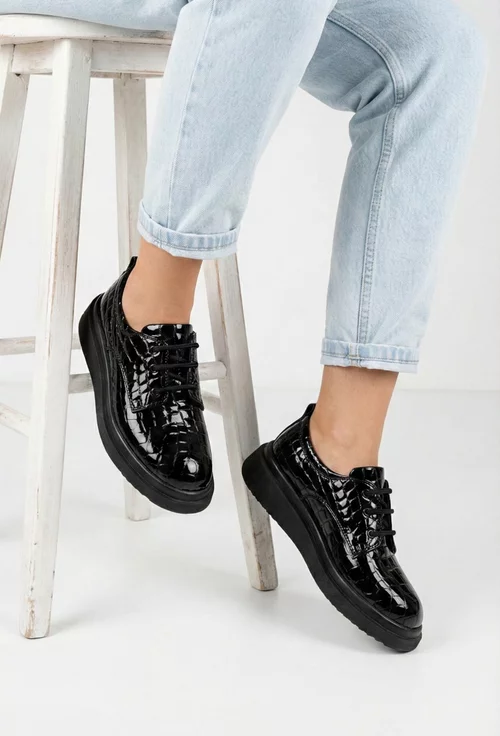 Pantofi dama negri din piele lacuita croco