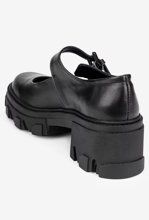 Pantofi dama negri din piele naturala cu bareta si toc gros