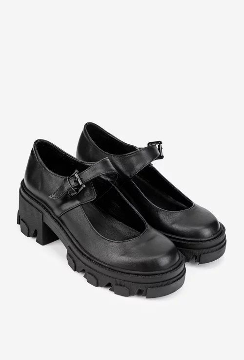 Pantofi dama negri din piele naturala cu bareta si toc gros