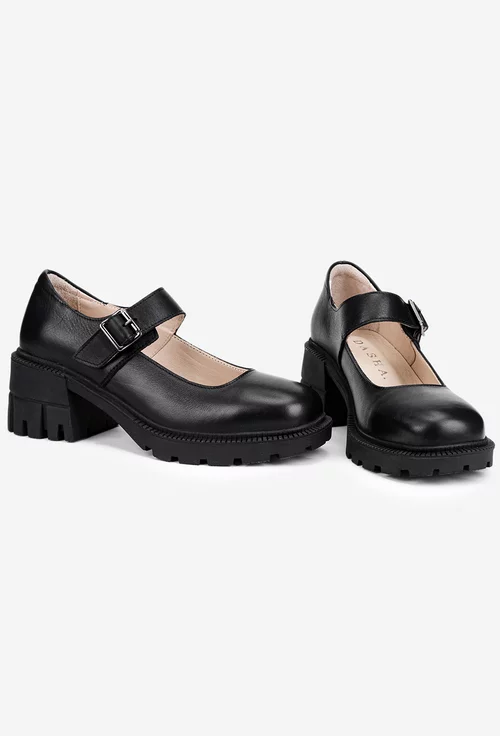 Pantofi dama negri din piele naturala cu bareta si toc masiv