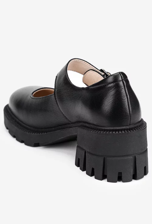 Pantofi dama negri din piele naturala cu bareta si toc masiv