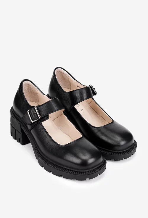 Pantofi dama negri din piele naturala cu bareta si toc masiv