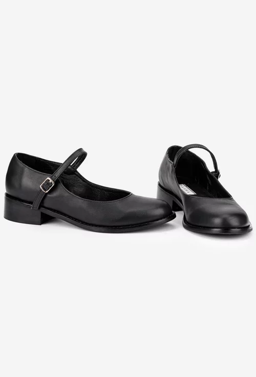 Pantofi dama negri din piele naturala cu bareta si toc mic