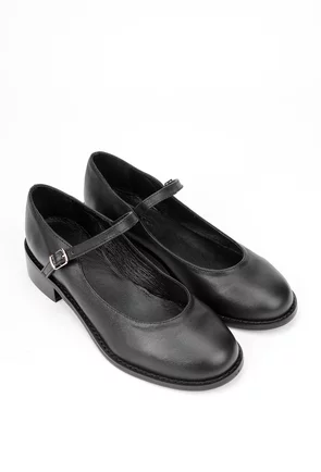 Pantofi dama negri din piele naturala cu bareta si toc mic