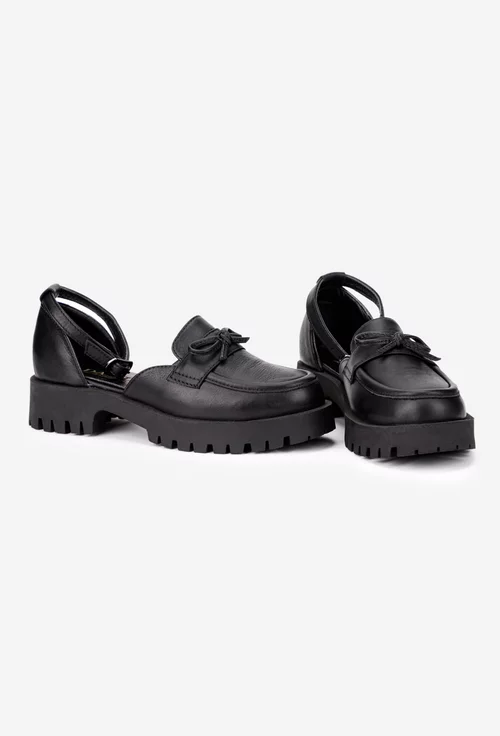 Pantofi dama negri din piele naturala cu funda