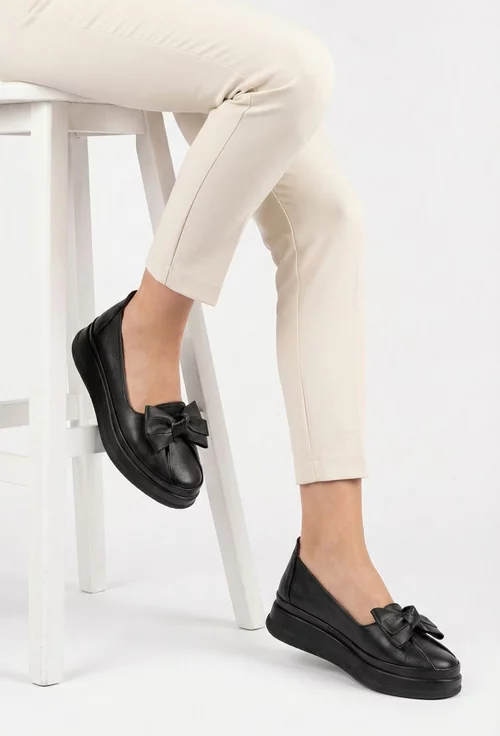 Pantofi dama negri din piele naturala cu funda