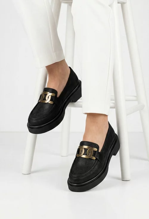 Pantofi dama negri din piele naturala cu ornament