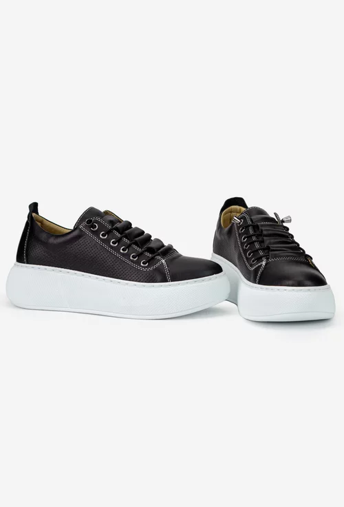 Pantofi dama negri din piele naturala cu siret elastic
