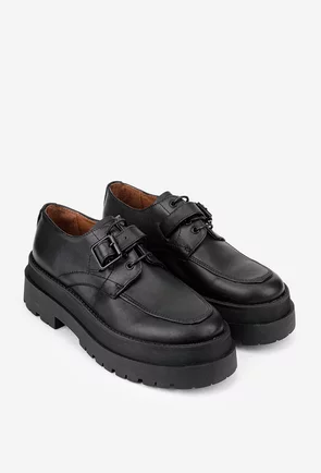 Pantofi dama negri din piele naturala cu siret si catarama