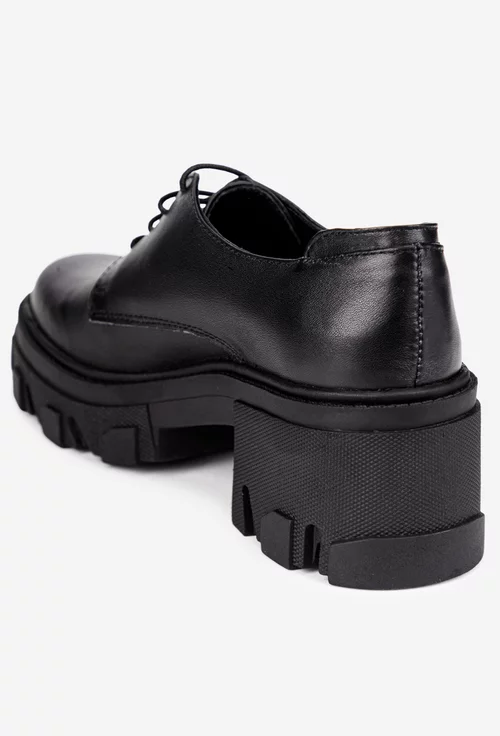 Pantofi dama negri din piele naturala cu siret si toc gros