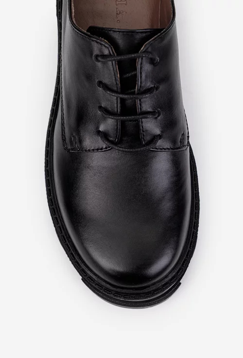 Pantofi dama negri din piele naturala cu siret si toc gros