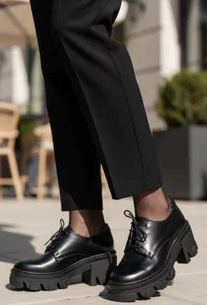 Pantofi dama negri din piele naturala cu siret si toc gros