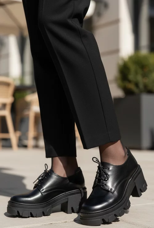 Pantofi dama negri din piele naturala cu siret si toc gros