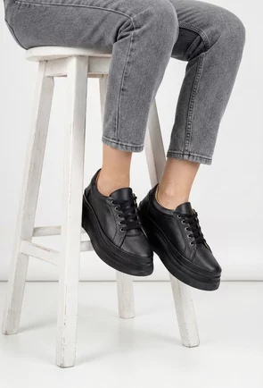 Pantofi dama negri din piele naturala cu talpa inalta