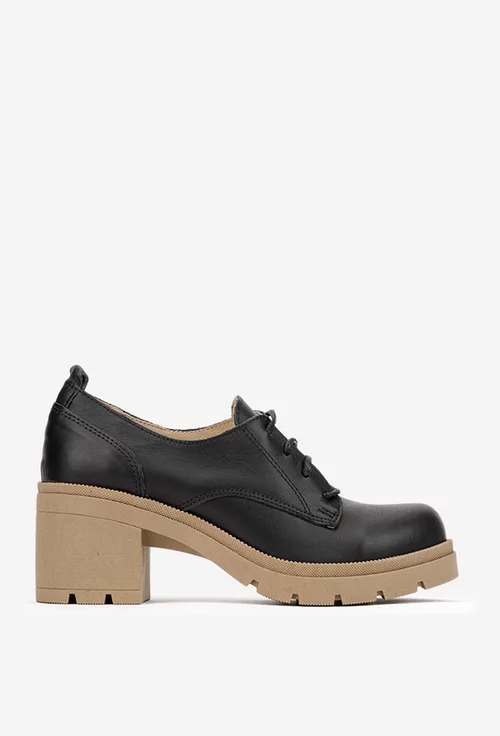 Pantofi dama negri din piele naturala cu toc masiv