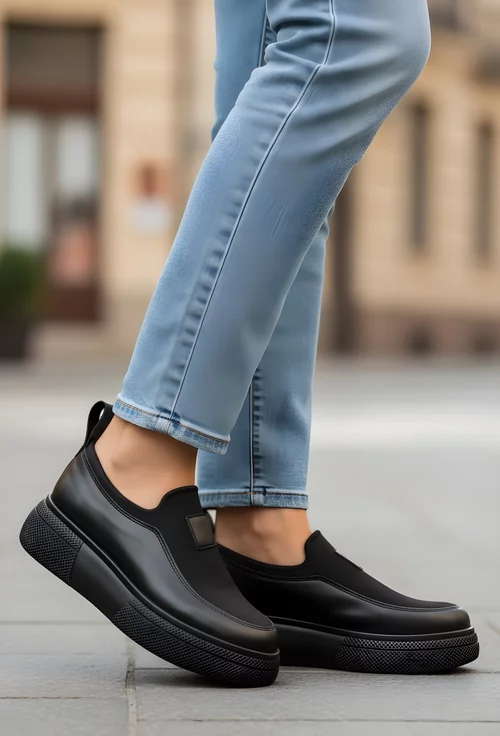 Pantofi dama negri din piele naturala si material textil