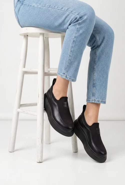 Pantofi dama negri din piele naturala si material textil