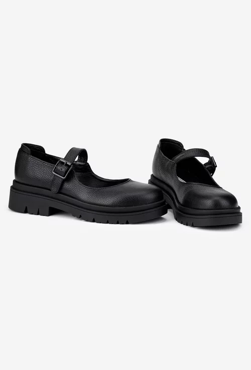 Pantofi dama negri din piele texturata cu bareta