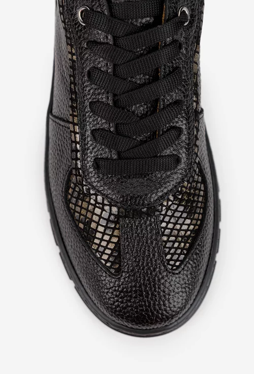 Pantofi dama negri din piele texturata cu model