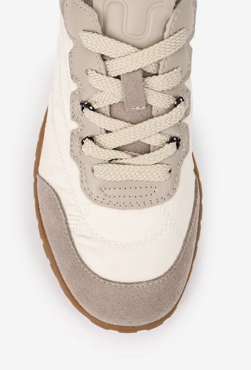 Pantofi dama NUR albi cu bej din piele intoarsa si material textil