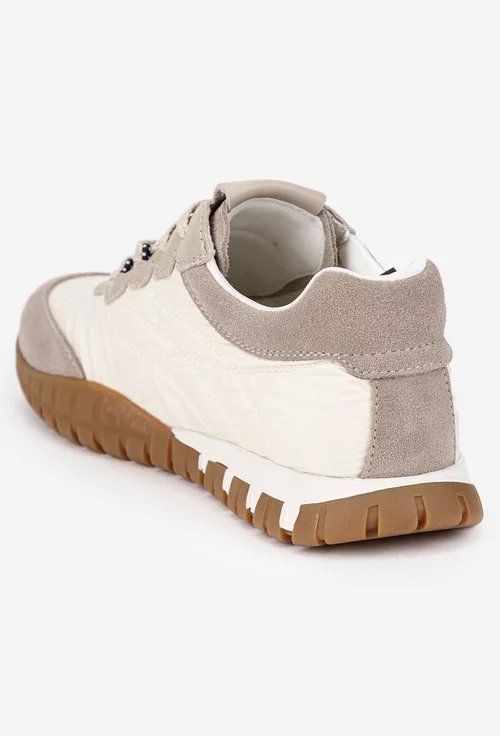 Pantofi dama NUR albi cu bej din piele intoarsa si material textil