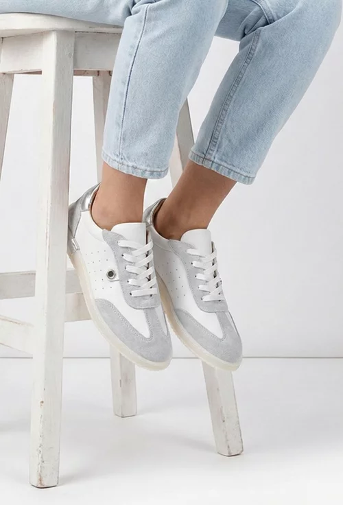 Pantofi dama NUR albi cu gri din piele